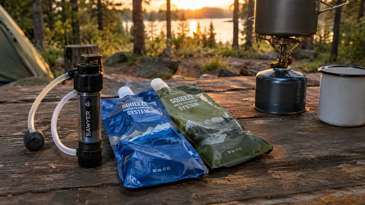 Filter and two squeeze pouches laid out on a campsite picnic table in evening light