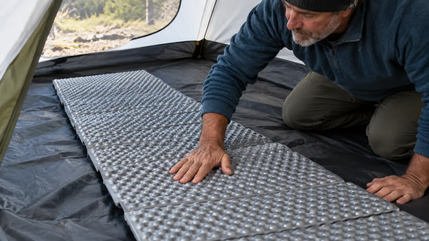 The Therm-a-Rest Z Lite Sol pad on a tent floor with a hand pressing on it