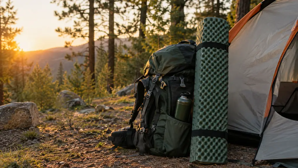 A foam sleeping pad leaning against a backpack outside a tent at a campsite