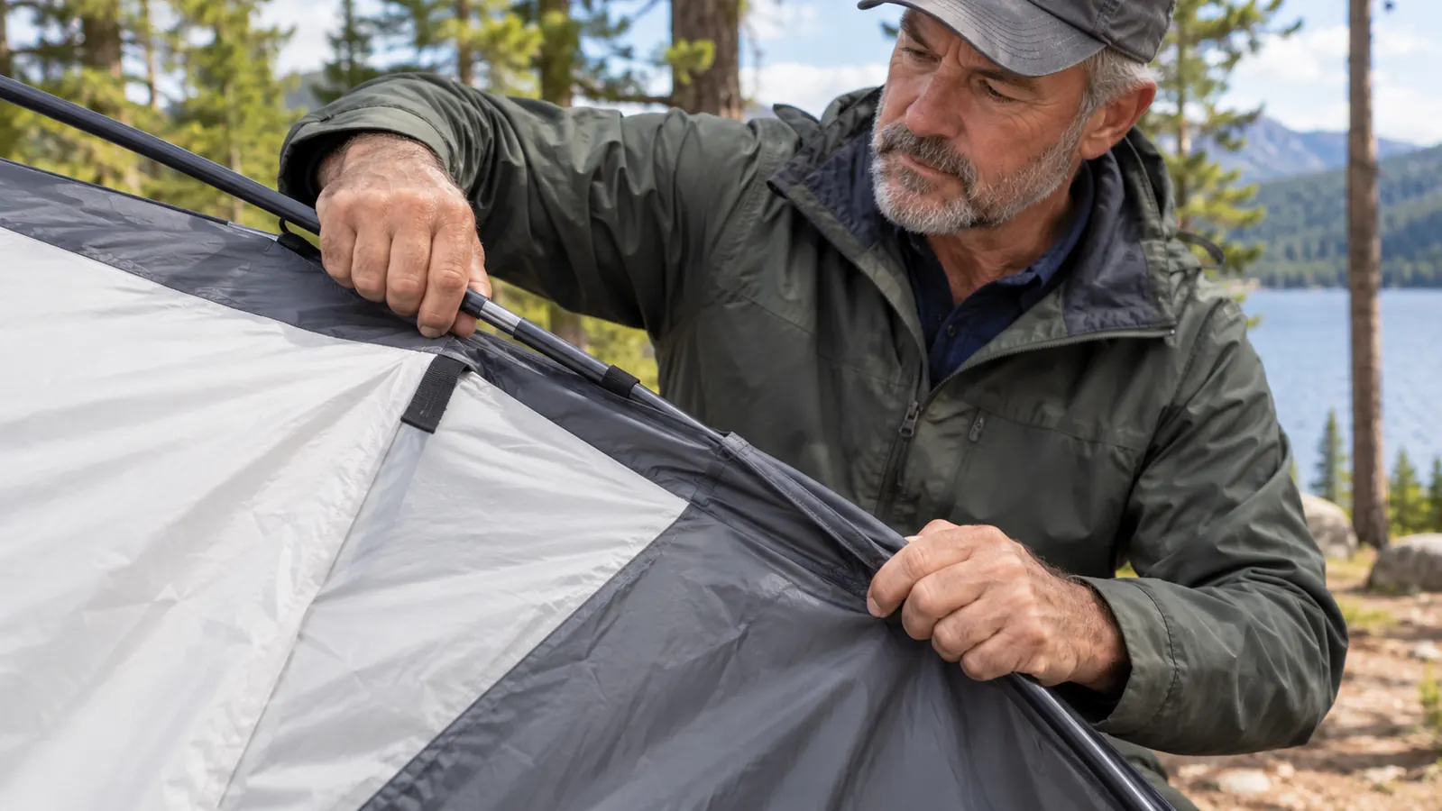 Hands sliding a pole through the sleeve of a lightweight freestanding tent at a campsite