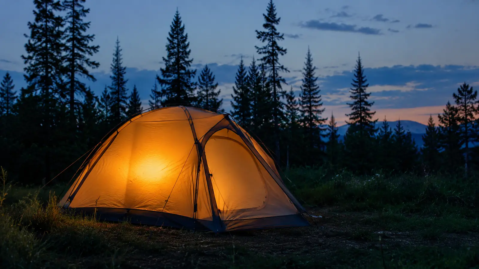 Backpacking tent glowing from a headlamp inside at dusk in a forest clearing