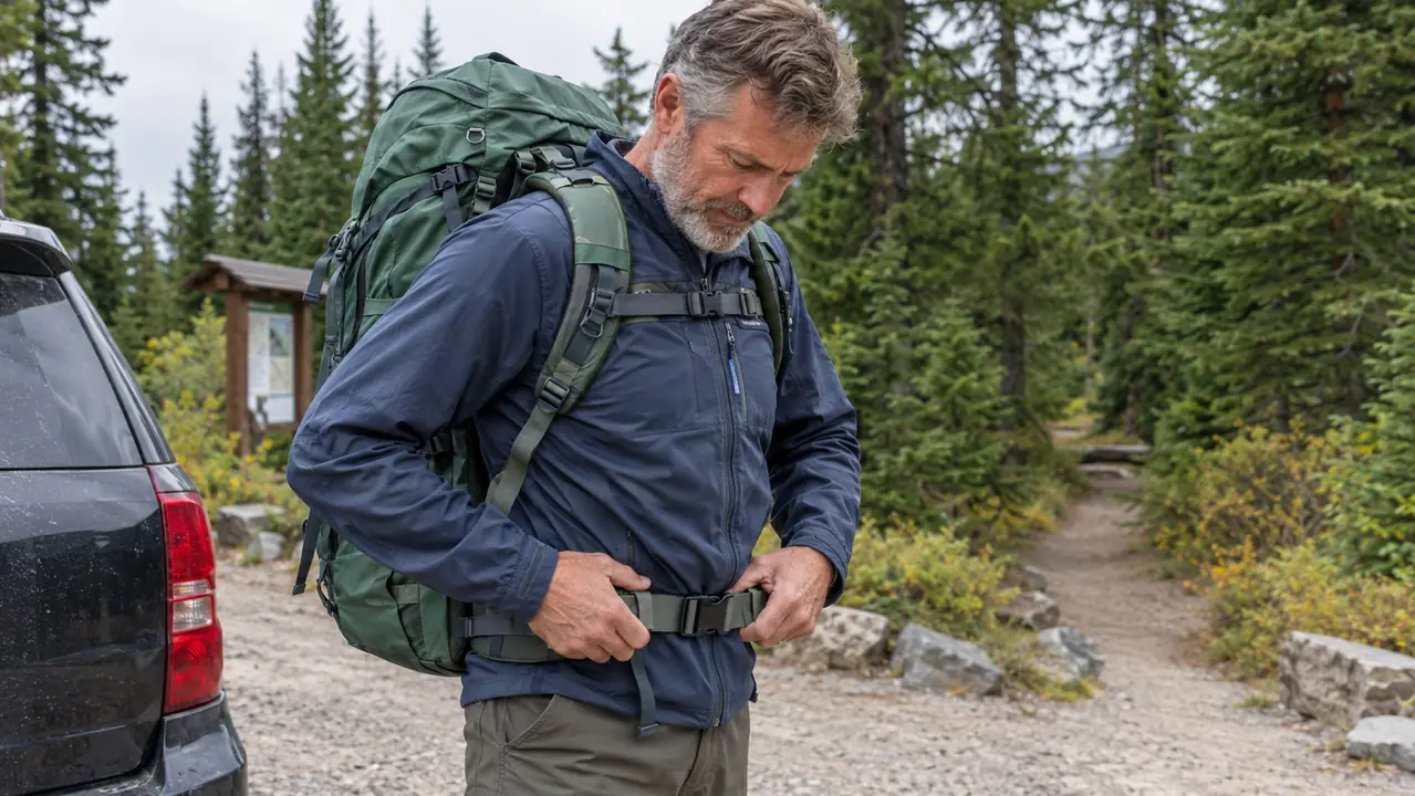 Hiker cinching the hip belt of an internal frame backpack at a trailhead