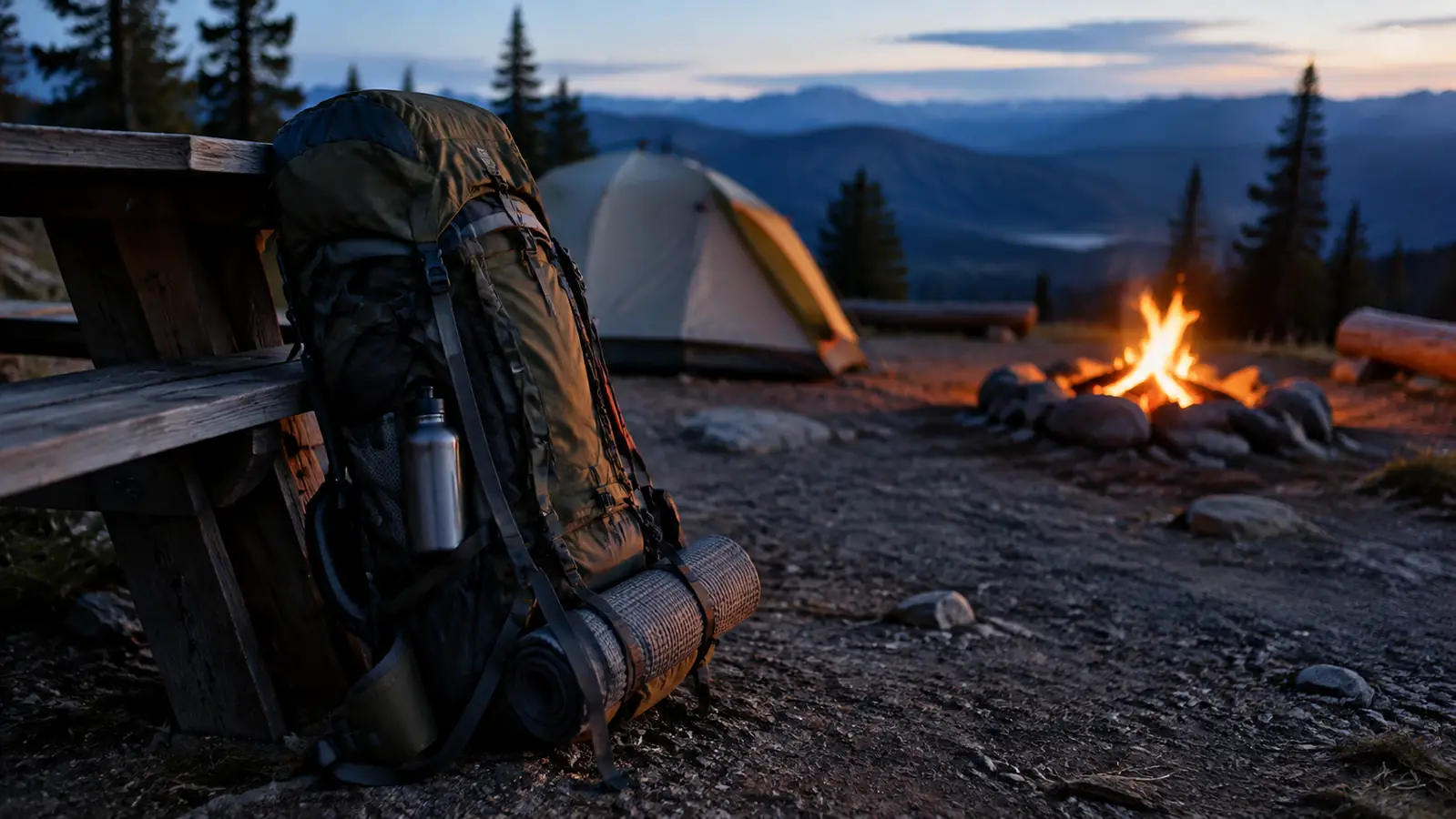 Loaded internal frame backpack leaning against a picnic table at a backcountry campsite at dusk