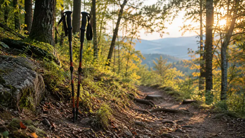 Pair of trekking poles planted in the dirt beside a forest trail in late afternoon light