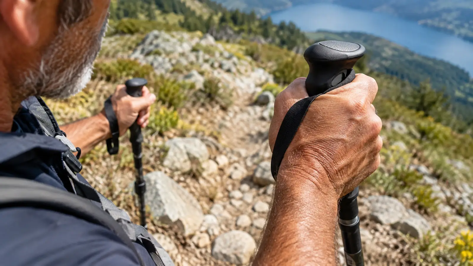 Close view of a hand gripping a trekking pole grip while walking down a rocky trail.