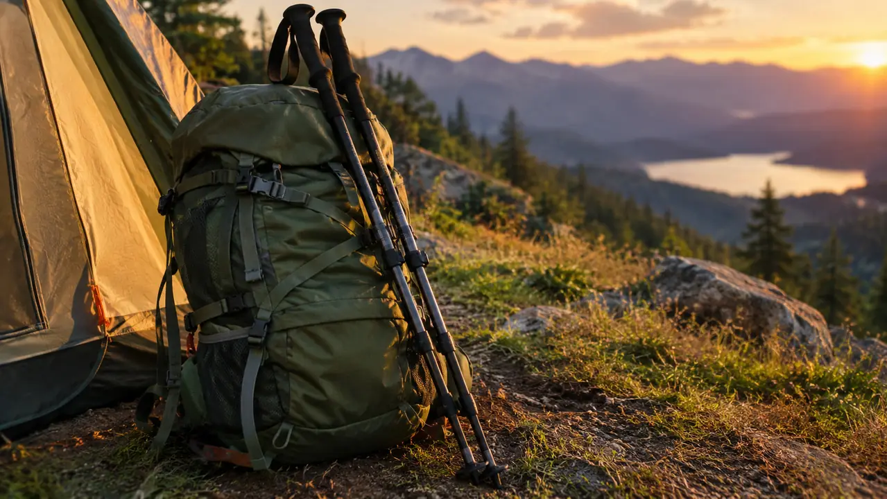 Trekking poles leaning against a backpack at a campsite in the evening.