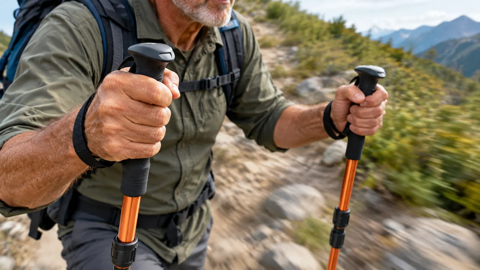 Close view of a hiker's hands gripping trekking pole grips on a rocky trail