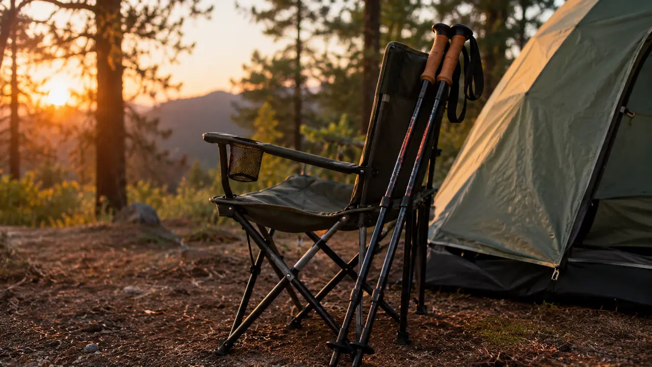 Trekking poles leaning against a camp chair beside a tent at dusk