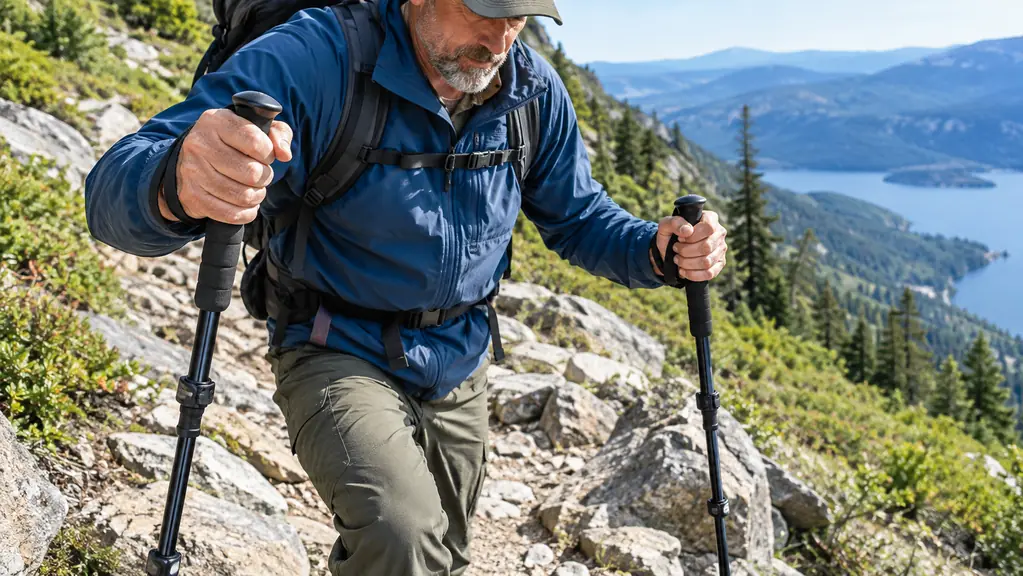 Close view of a hand gripping a trekking pole on a rocky descent
