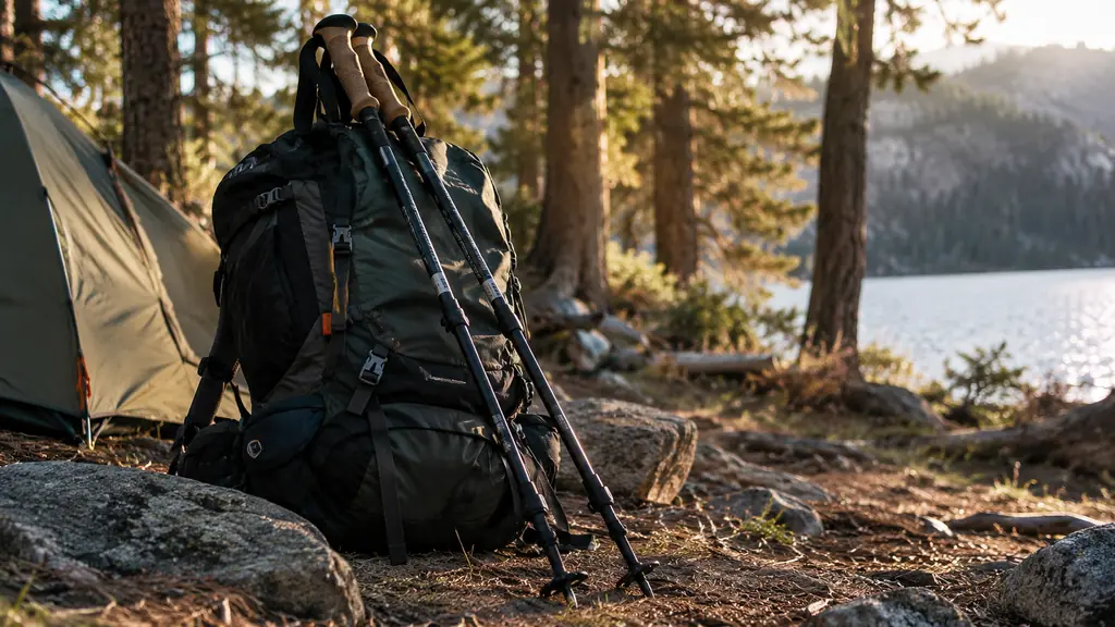 Trekking poles leaning against a backpack at a campsite