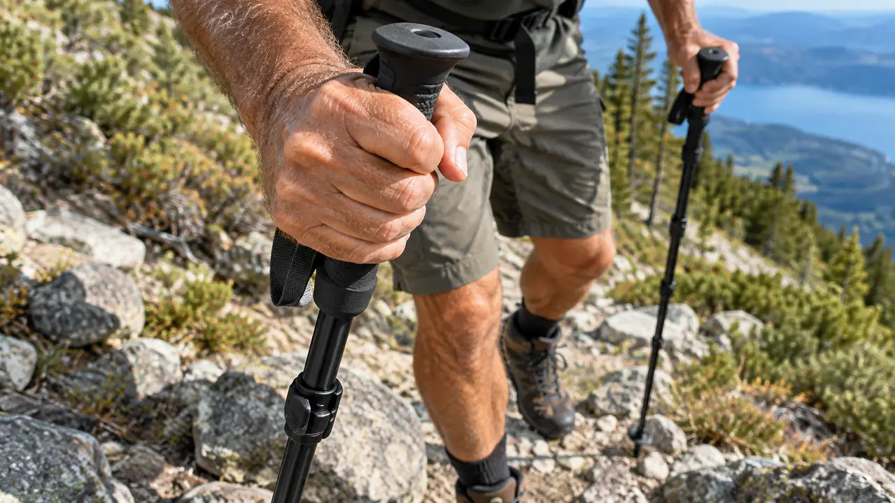 Close view of a hiker's hand gripping a trekking pole while walking a rocky trail.