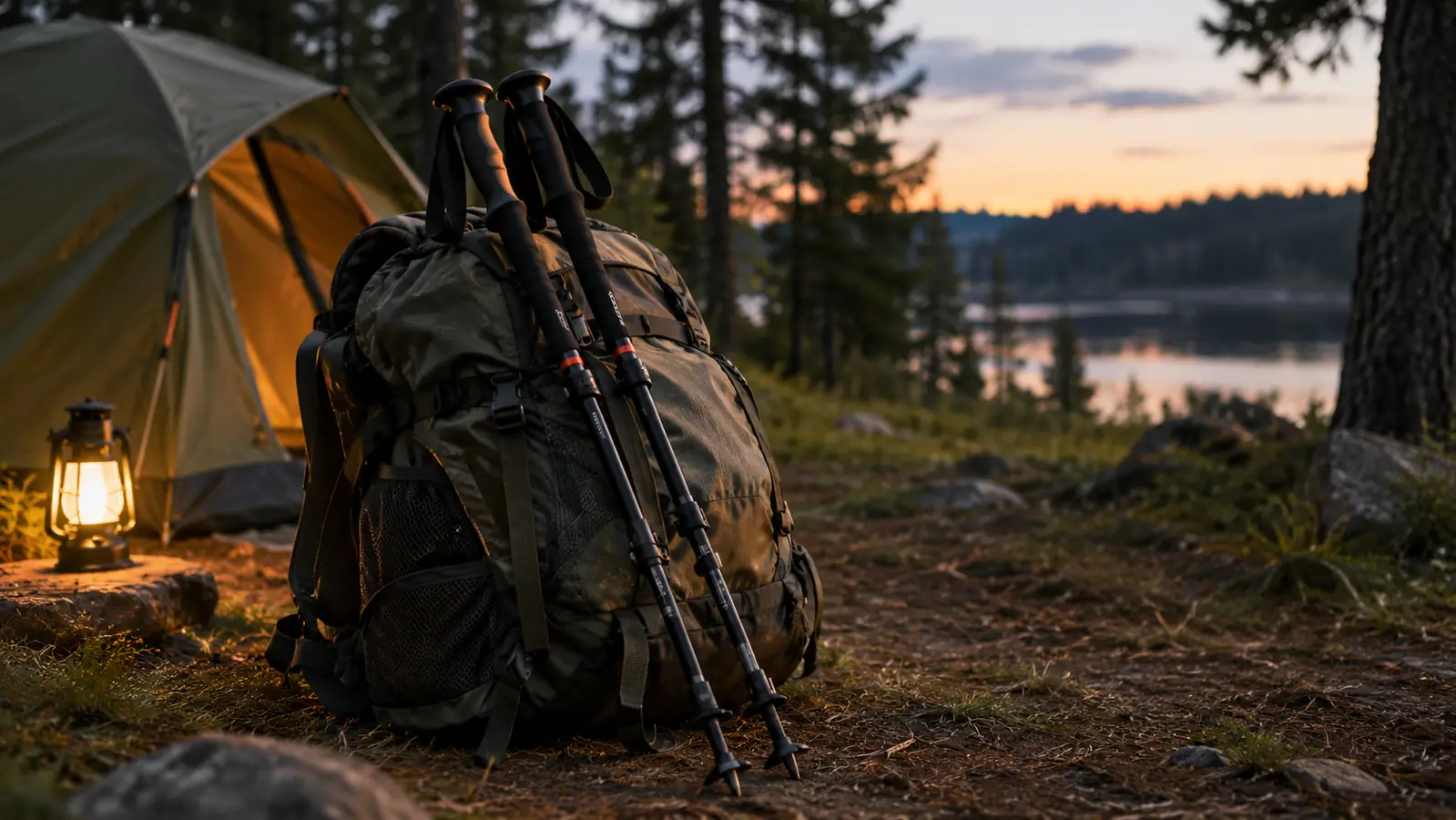 A pair of trekking poles leaning against a backpack at a campsite in the evening.