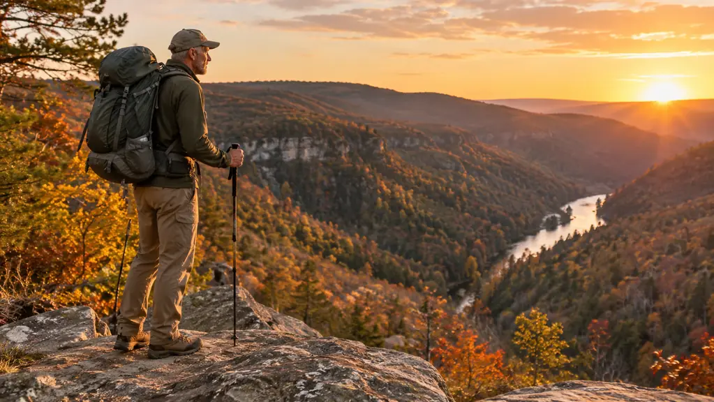 A backpacker with a loaded pack and trekking poles stopping at a rocky overlook above a forested gorge at golden hour