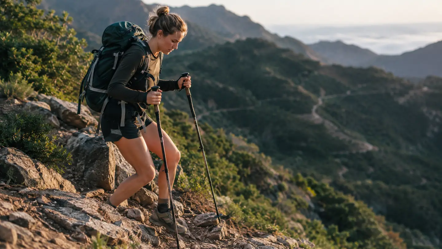 A hiker using trekking poles to descend a steep switchback on a rocky trail