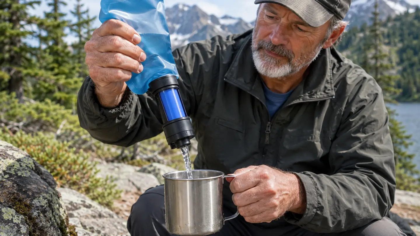 A hand holding the Sawyer Squeeze filter system over a stainless steel camp mug, water flowing through the filter