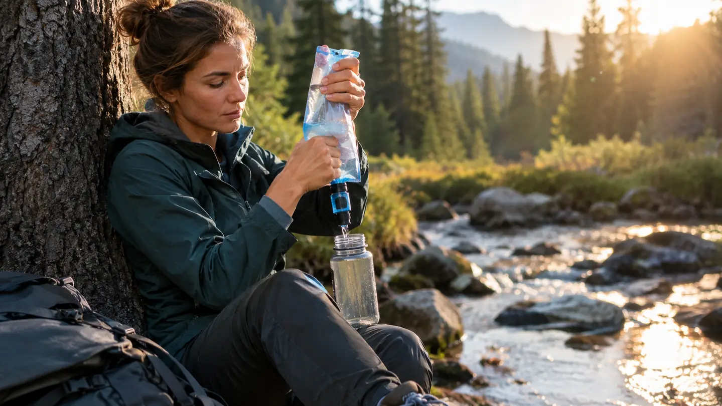 A backpacker leaning against a tree beside a creek, squeezing a water pouch through a filter into a wide mouth bottle
