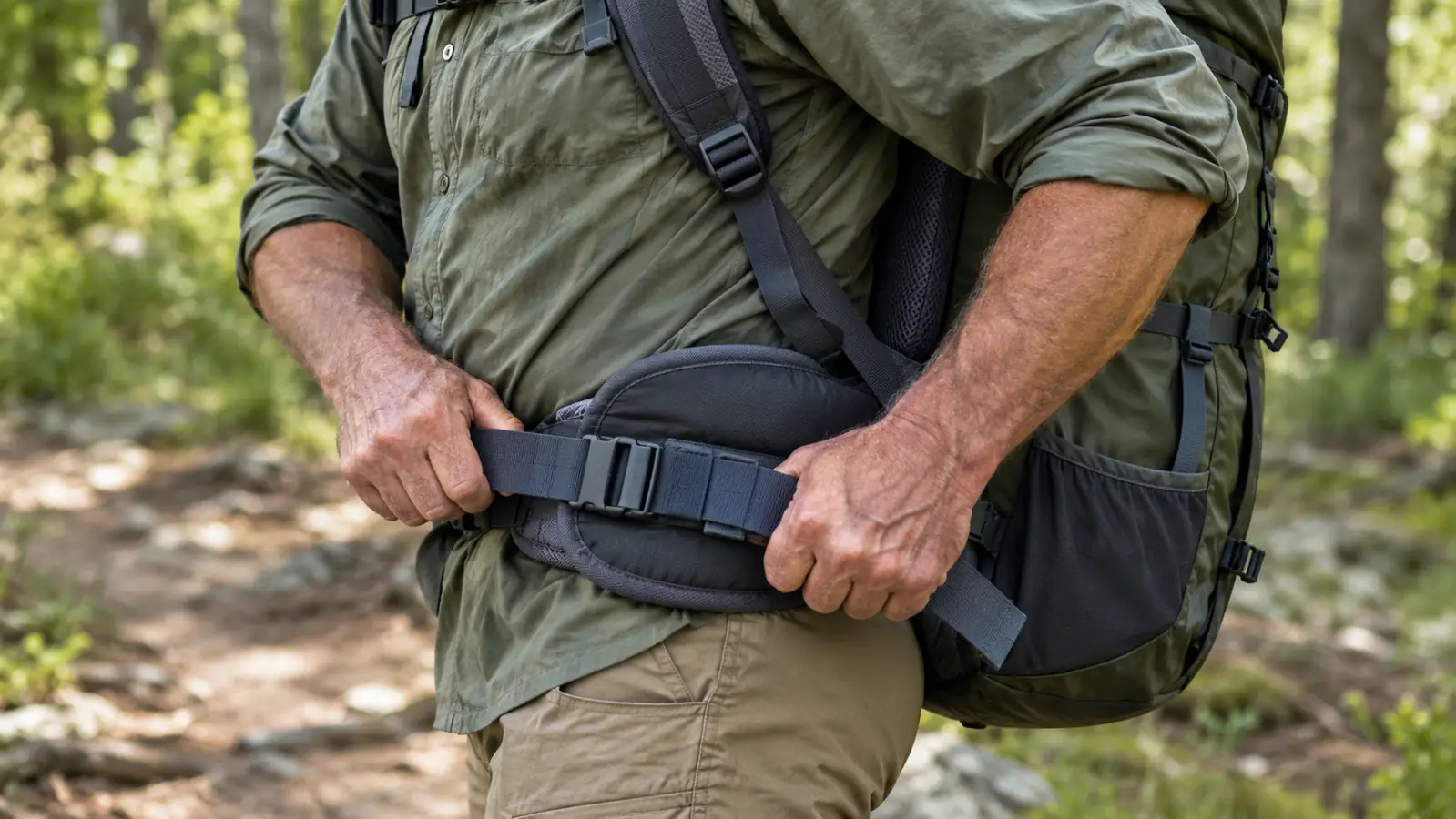 Close view of hands tightening the hip belt of an internal frame backpack on a trail