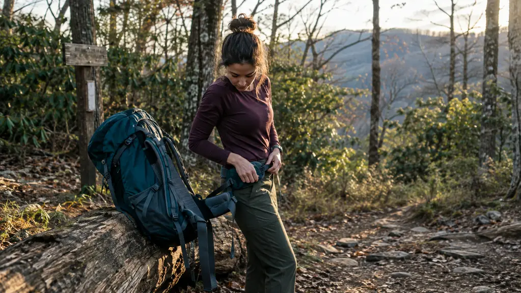 A hiker taking off an internal frame backpack at a trail junction and leaning it against a fallen log in late afternoon light