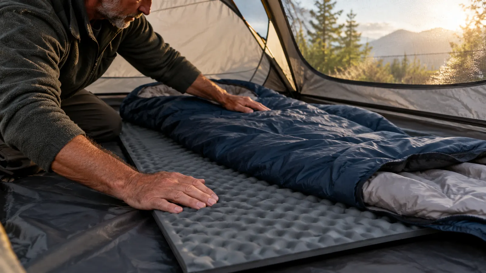 A hand pressing a foam sleeping pad flat on the floor of a small tent, a sleeping bag laid out on top