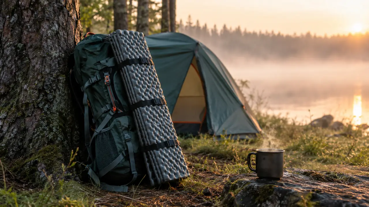 A backpack leaning against a tree at a misty morning campsite with a foam sleeping pad strapped to the back panel