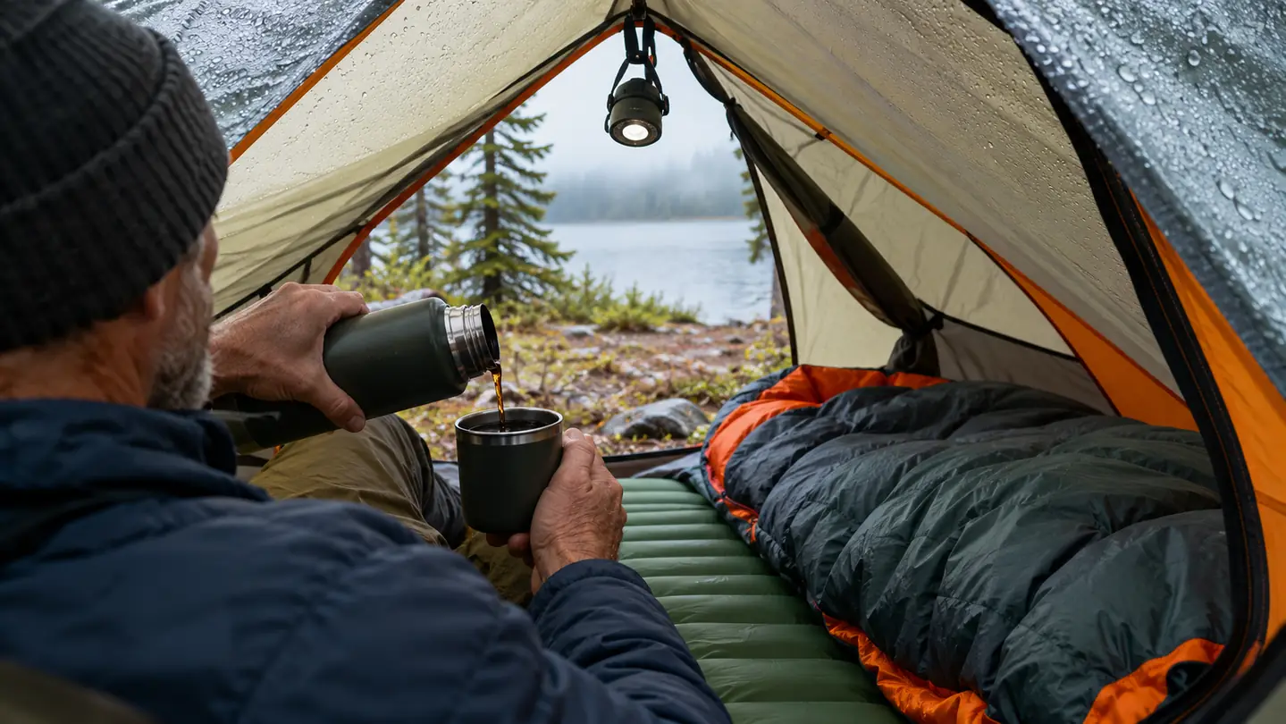 View from inside the tent vestibule, rain beading on the fly and a small headlamp hanging from the peak loop.
