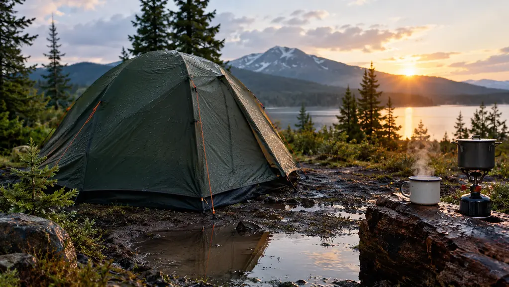 Camp at first light after a storm, the tent standing square with puddles around it and steam rising from a mug on a log.