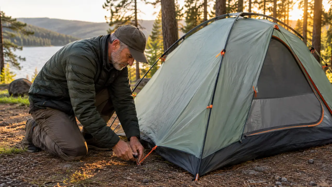 Person kneeling beside a small backpacking tent in a campsite, adjusting a stake line in late afternoon light