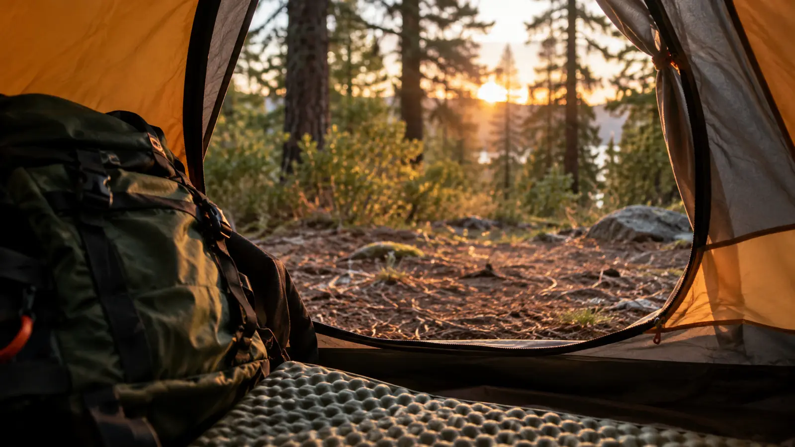 View through the open door of a small backpacking tent showing a foam sleeping pad and a backpack inside, warm evening light