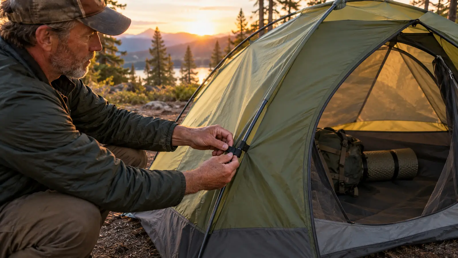 Hands adjusting a pole clip on a two-person backpacking tent at a forest campsite