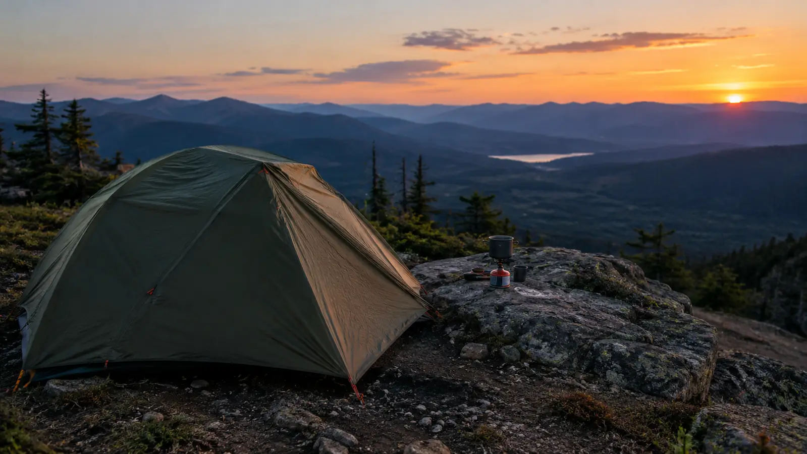 A two-person backpacking tent with rainfly secured at a rocky overlook near dusk, a ridge line behind it