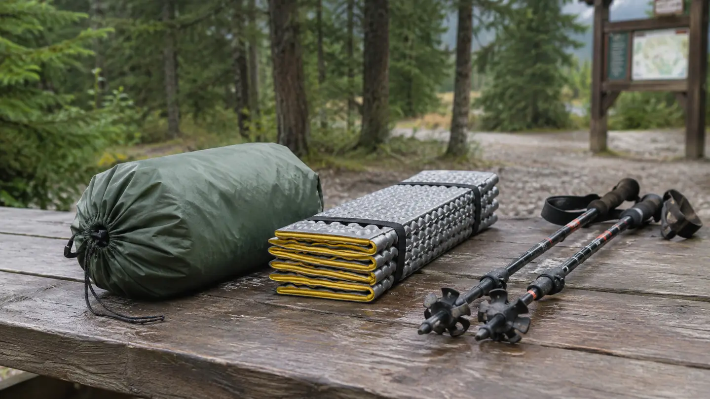 A tent stuff sack, a foam sleeping pad, and trekking poles laid out on a picnic table at a trailhead.