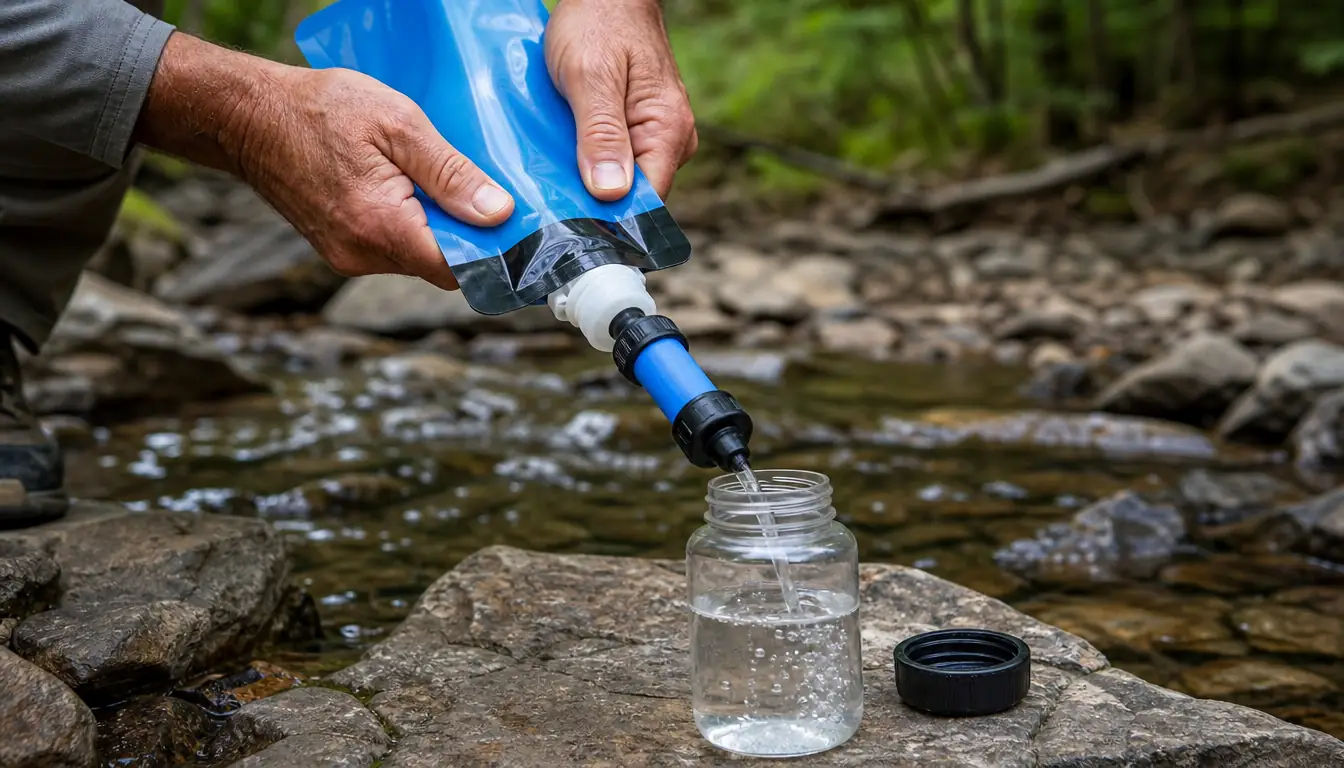 Hand squeezing a Sawyer Squeeze filter pouch into a wide-mouth bottle beside a creek