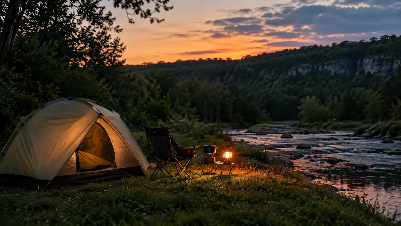 Backpacking tent pitched beside a creek at dusk in the Cumberland Plateau