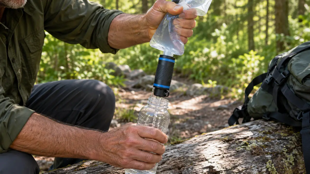 Hands squeezing a full water pouch through a filter into a clear bottle on a fallen log beside a trail