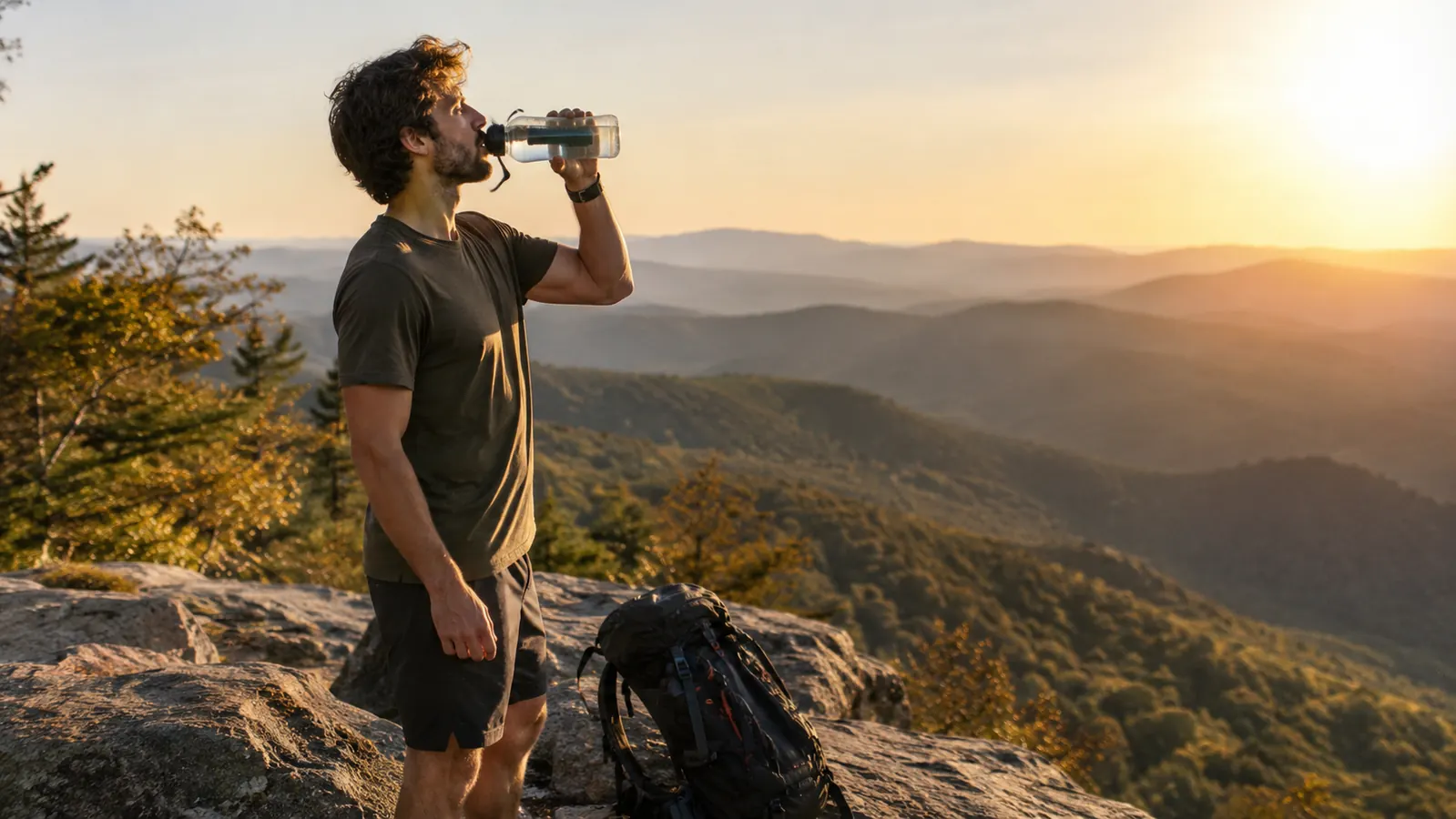 A hiker standing on a rocky overlook, drinking from a bottle fitted with a water filter, with a pack on the ground beside him