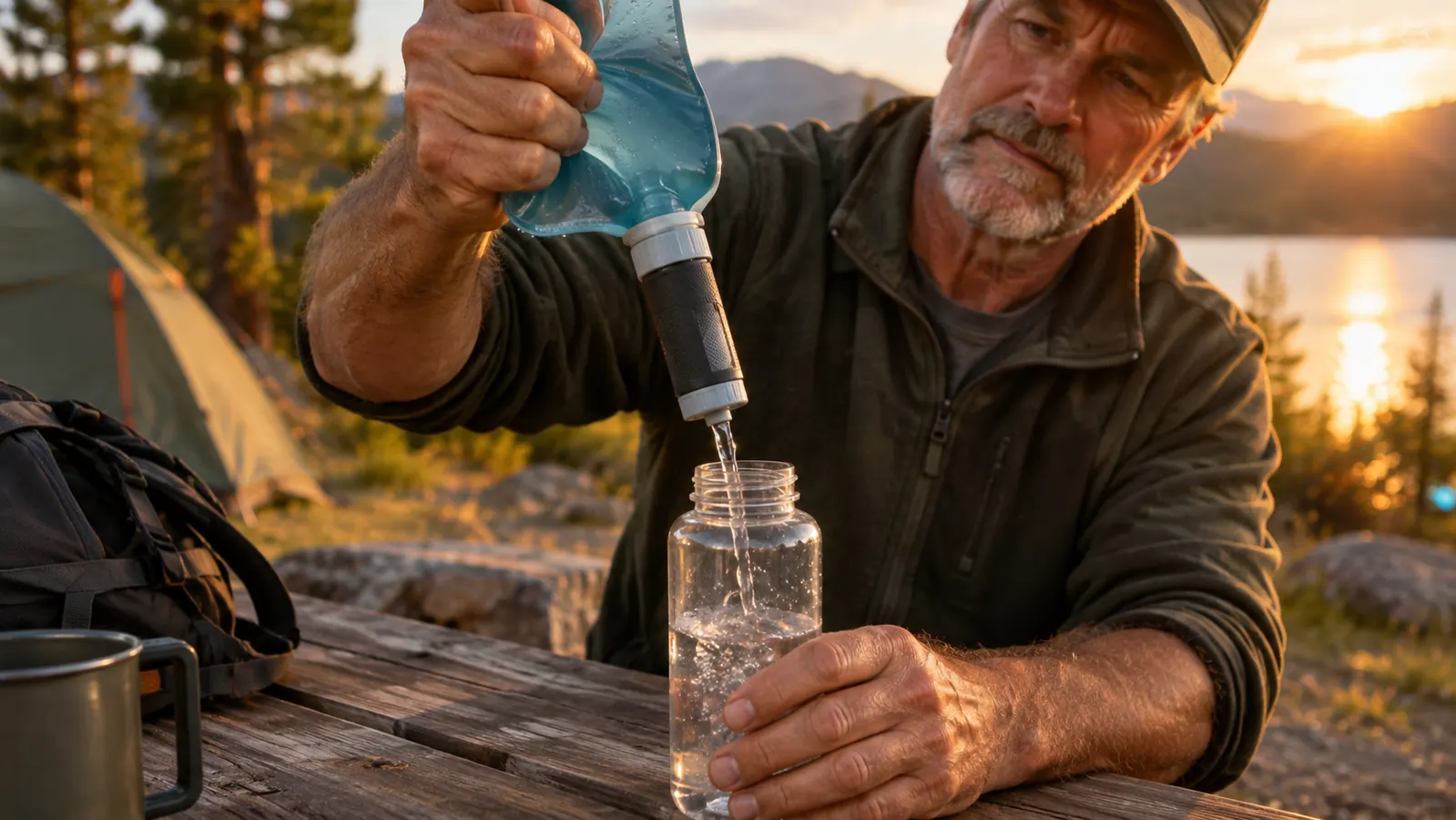 A hand squeezing a filled water pouch through a filter into a clear bottle on a campsite table.