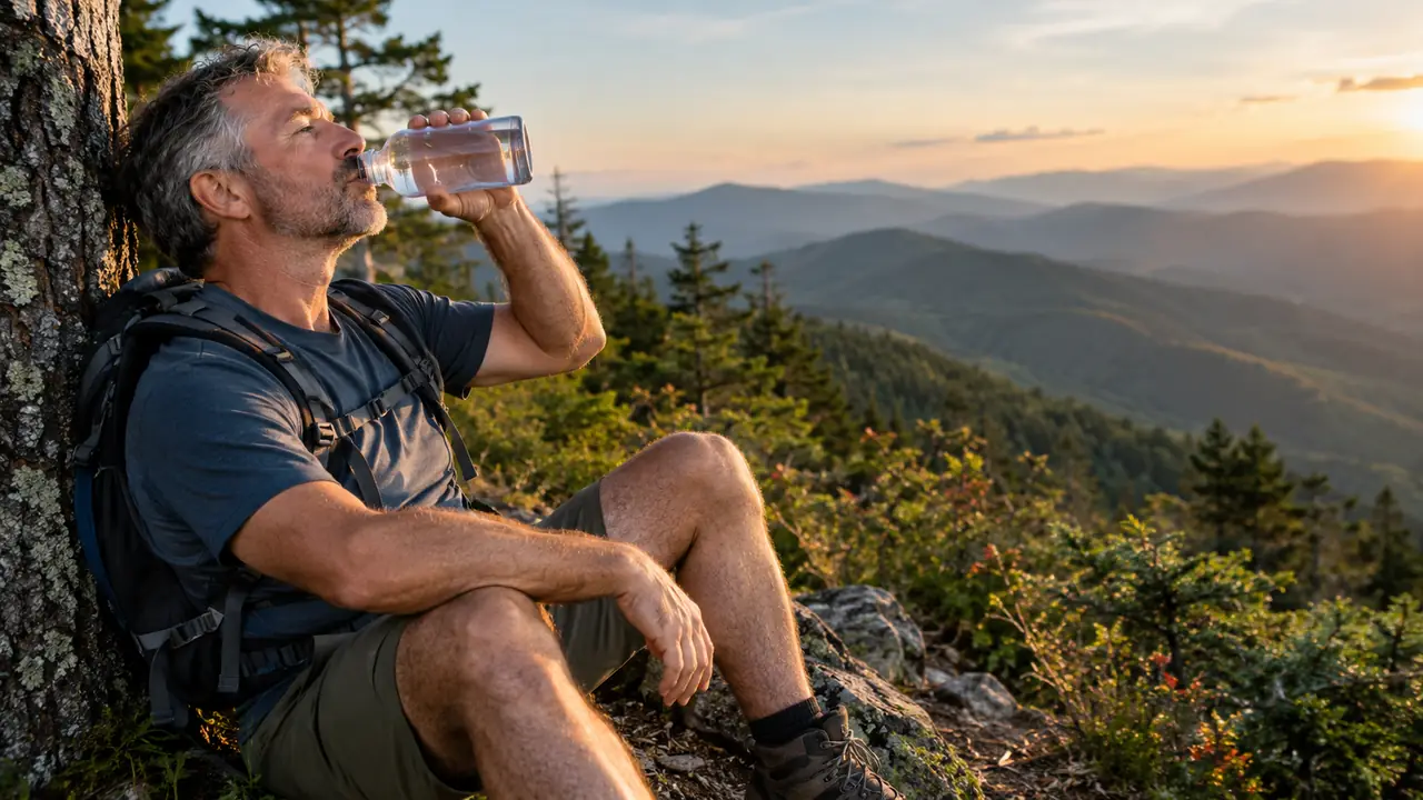 A hiker resting against a tree on a ridgeline trail, drinking from a clear bottle.