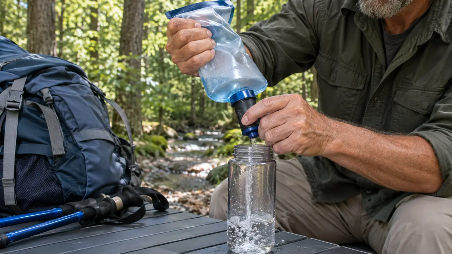 Hand squeezing a soft water pouch to filter water into a clear bottle at a campsite