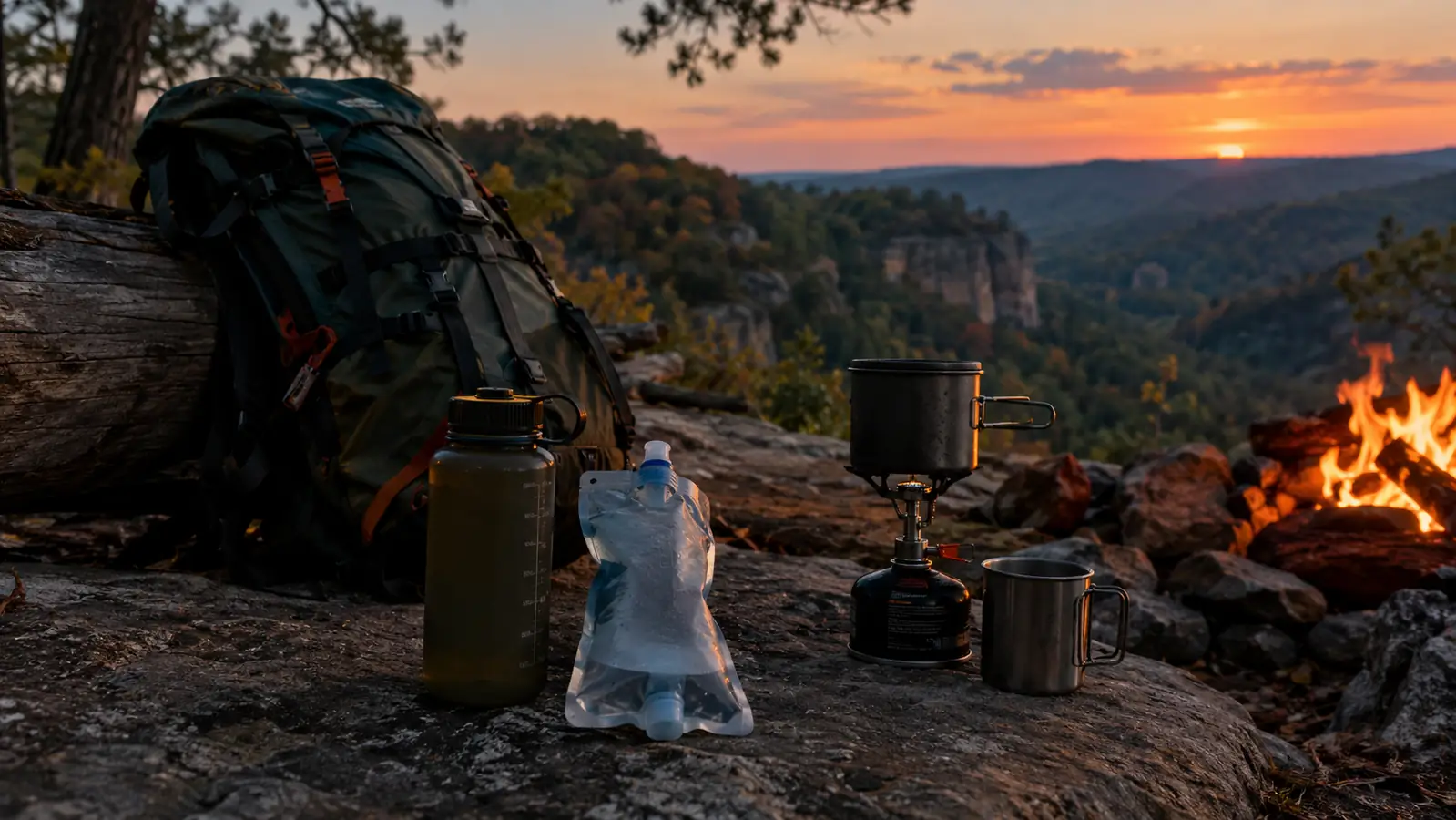 Backpack and water filtering gear arranged on a rock at a campsite at dusk
