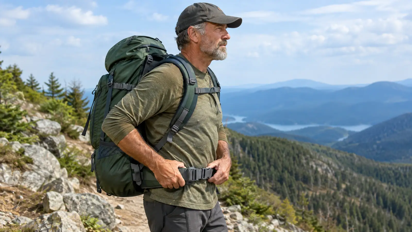 Hiker tightening the pack's hip belt while standing on a rocky trail