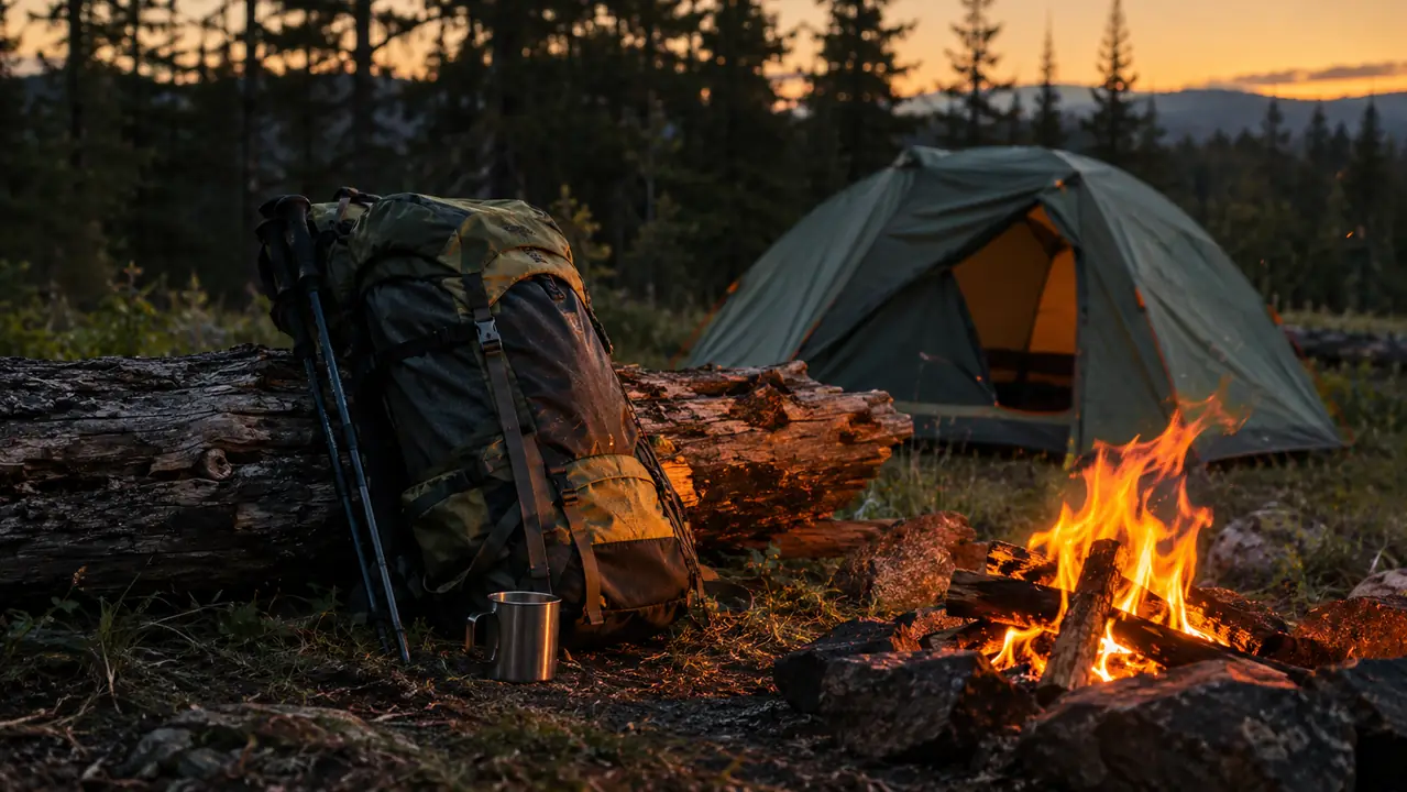 Pack leaning against a fallen log beside a campfire at dusk with a small tent behind it
