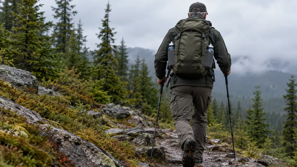 A hiker wearing a loaded backpack mid-stride on a rocky trail