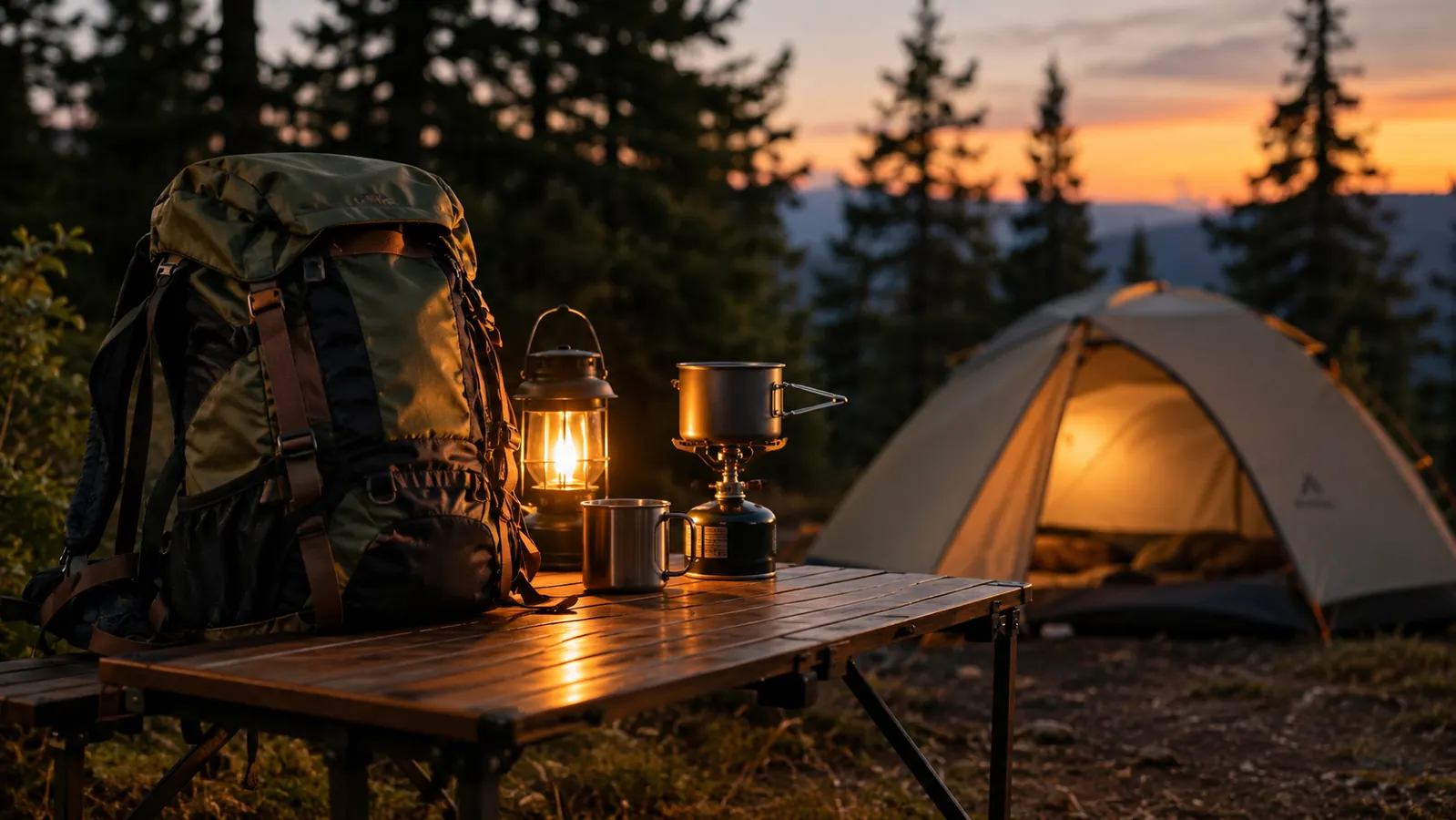 A backpack resting on a camp table at dusk beside a small tent