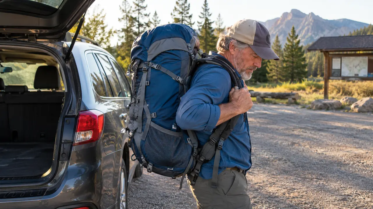 Hiker lifting a loaded internal frame backpack onto his back beside a Subaru Outback at a gravel trailhead