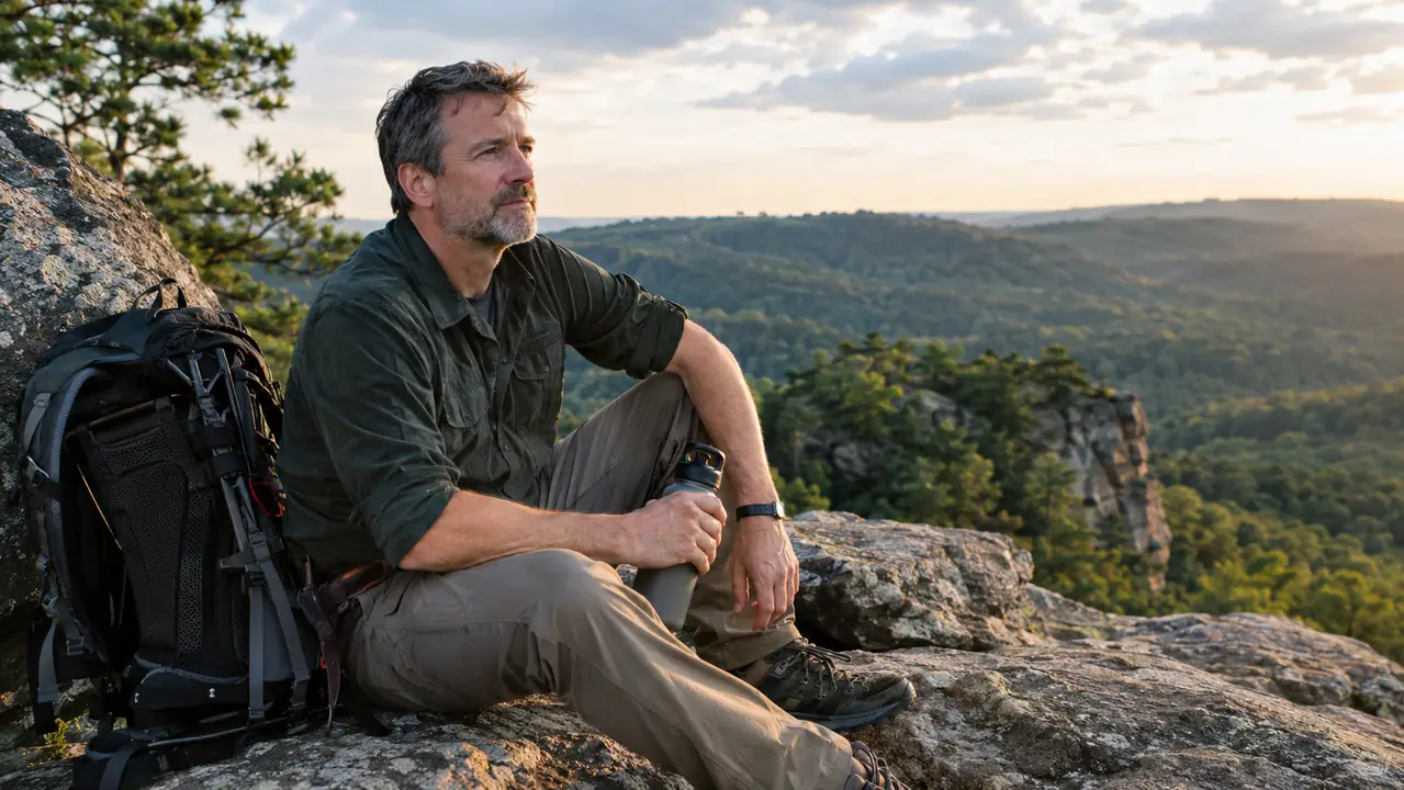 Hiker taking a break on a rocky overlook with a backpack leaning against a boulder in the Red River Gorge