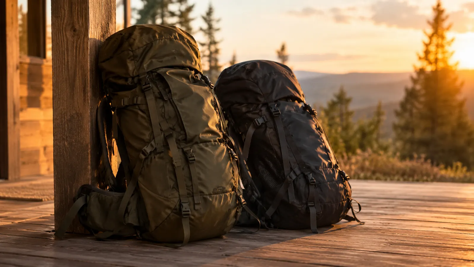 Two hiking backpacks side by side on a cabin porch after a day hike