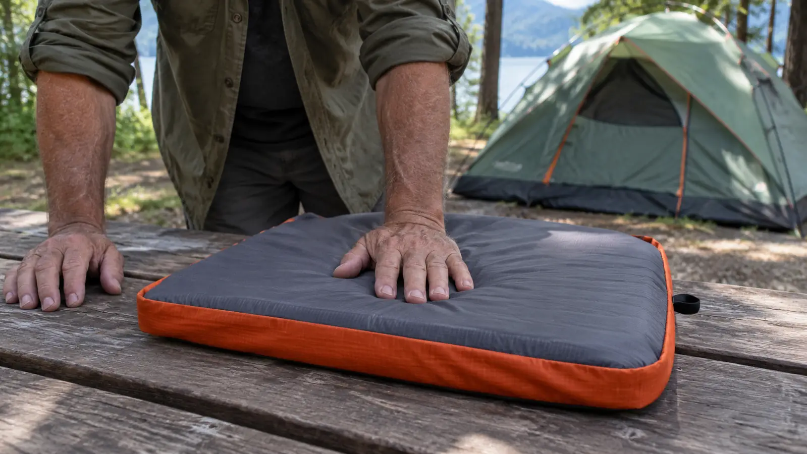 A hand pressing on a foam sleeping pad on a camp picnic table.