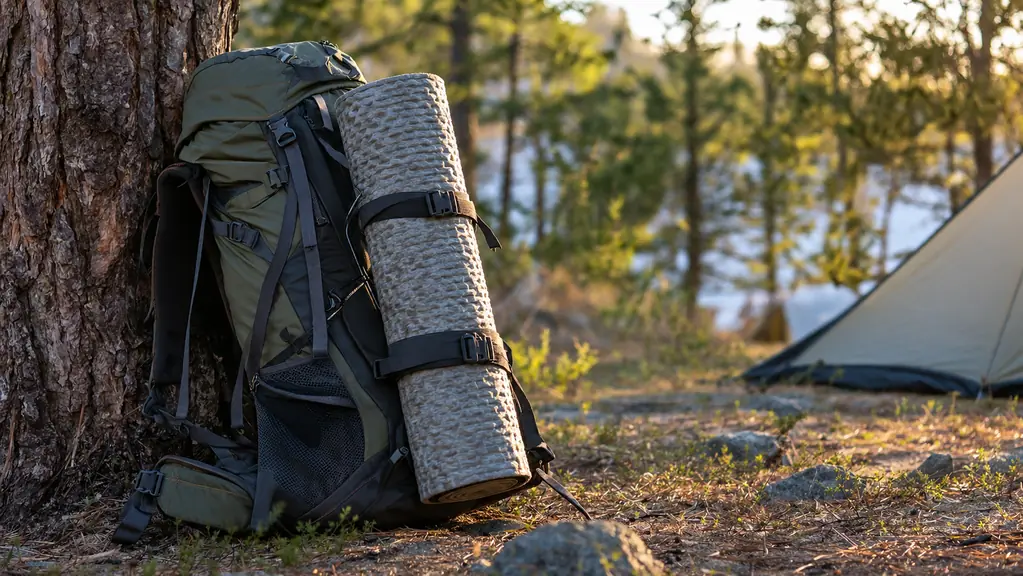 A folded sleeping pad strapped to a backpack at a campsite.