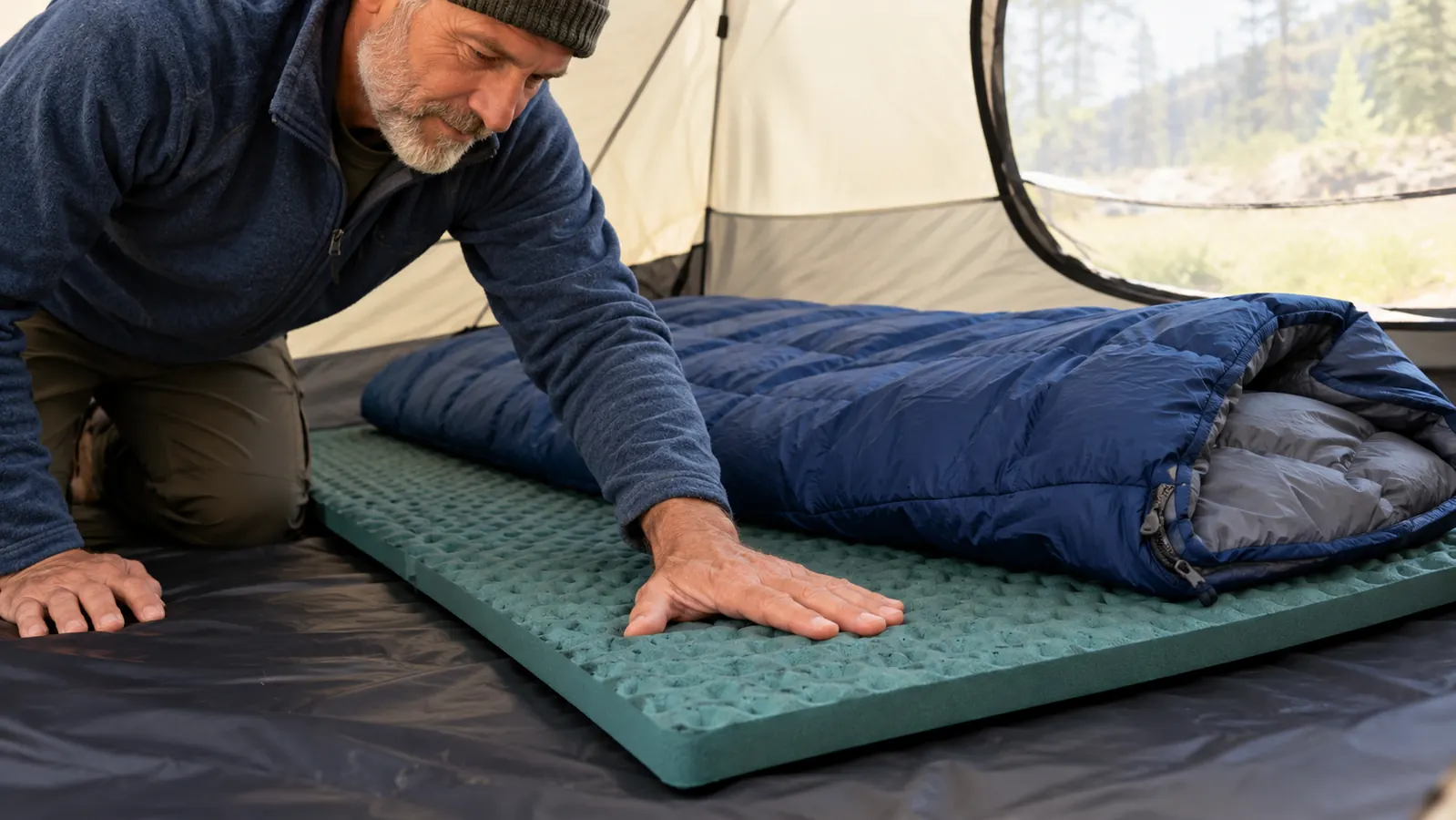 Closed-cell foam sleeping pad unrolled on the floor of a tent with a sleeping bag on top