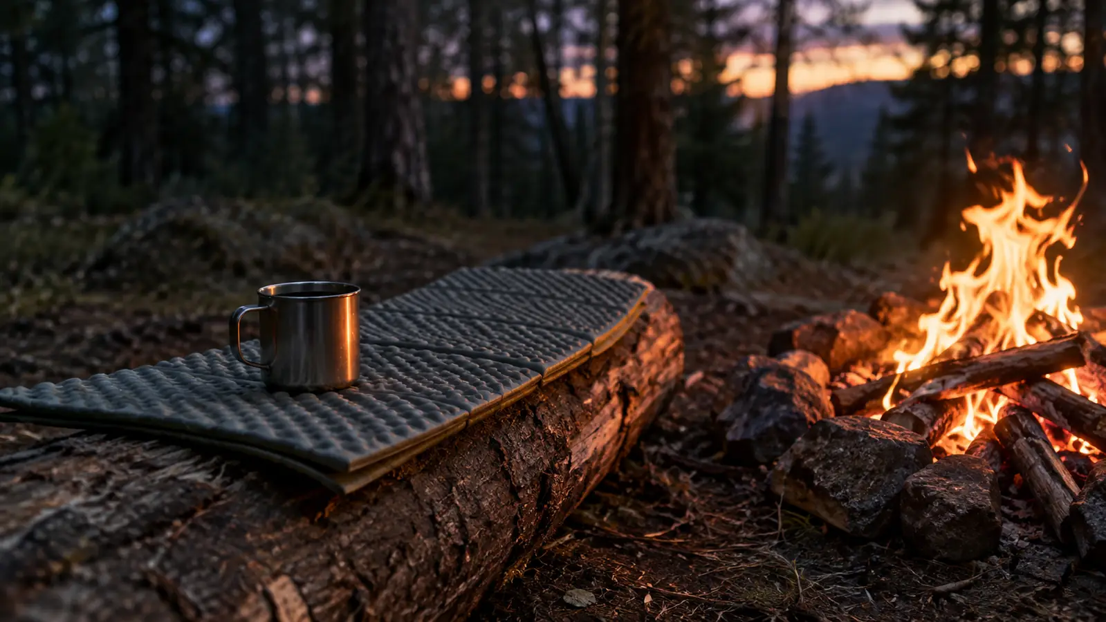 Foam sleeping pad used as a camp seat beside a low campfire at dusk